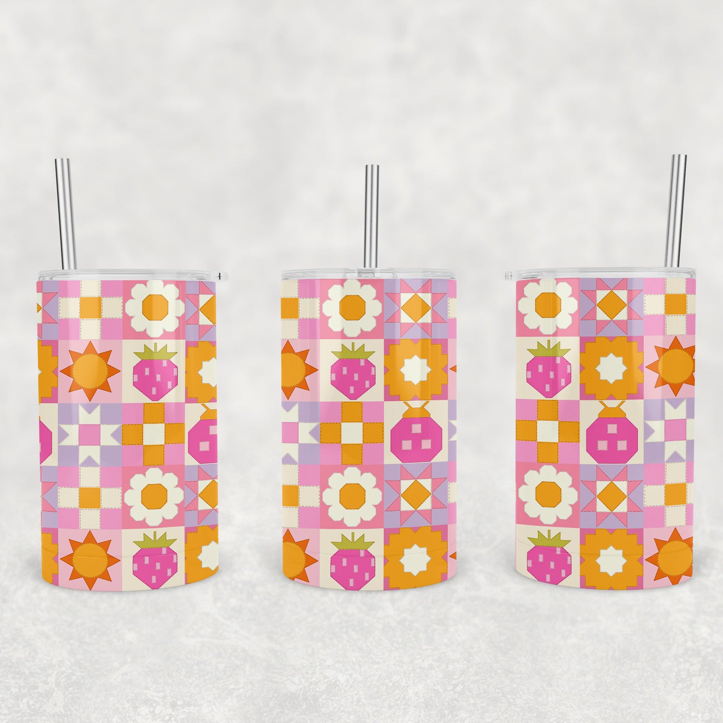 12 oz Kids Skinny Tumbler, Colorful Ladybug Quilt Pattern