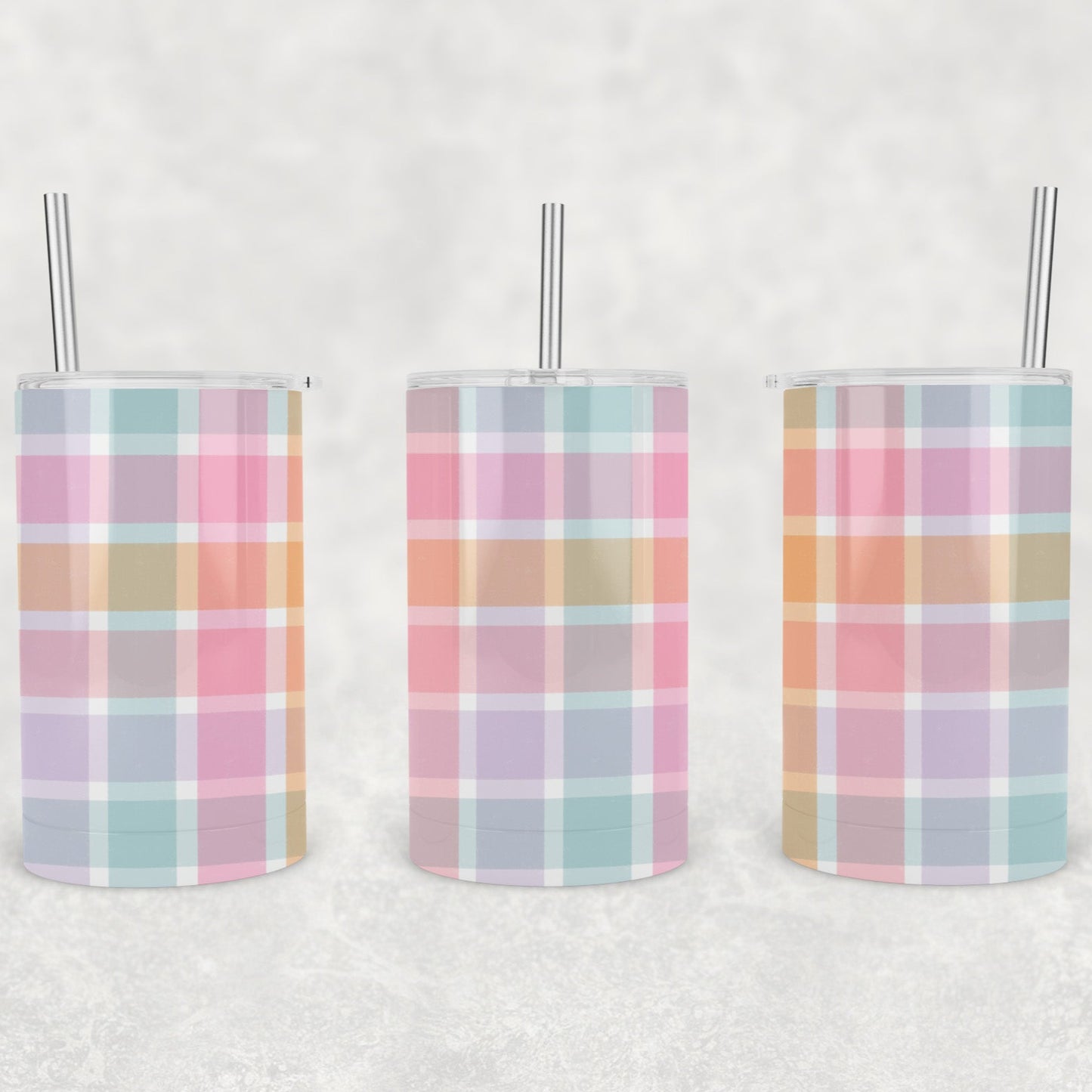 12 oz Kids Skinny Tumbler, Pastel Gingham Pattern