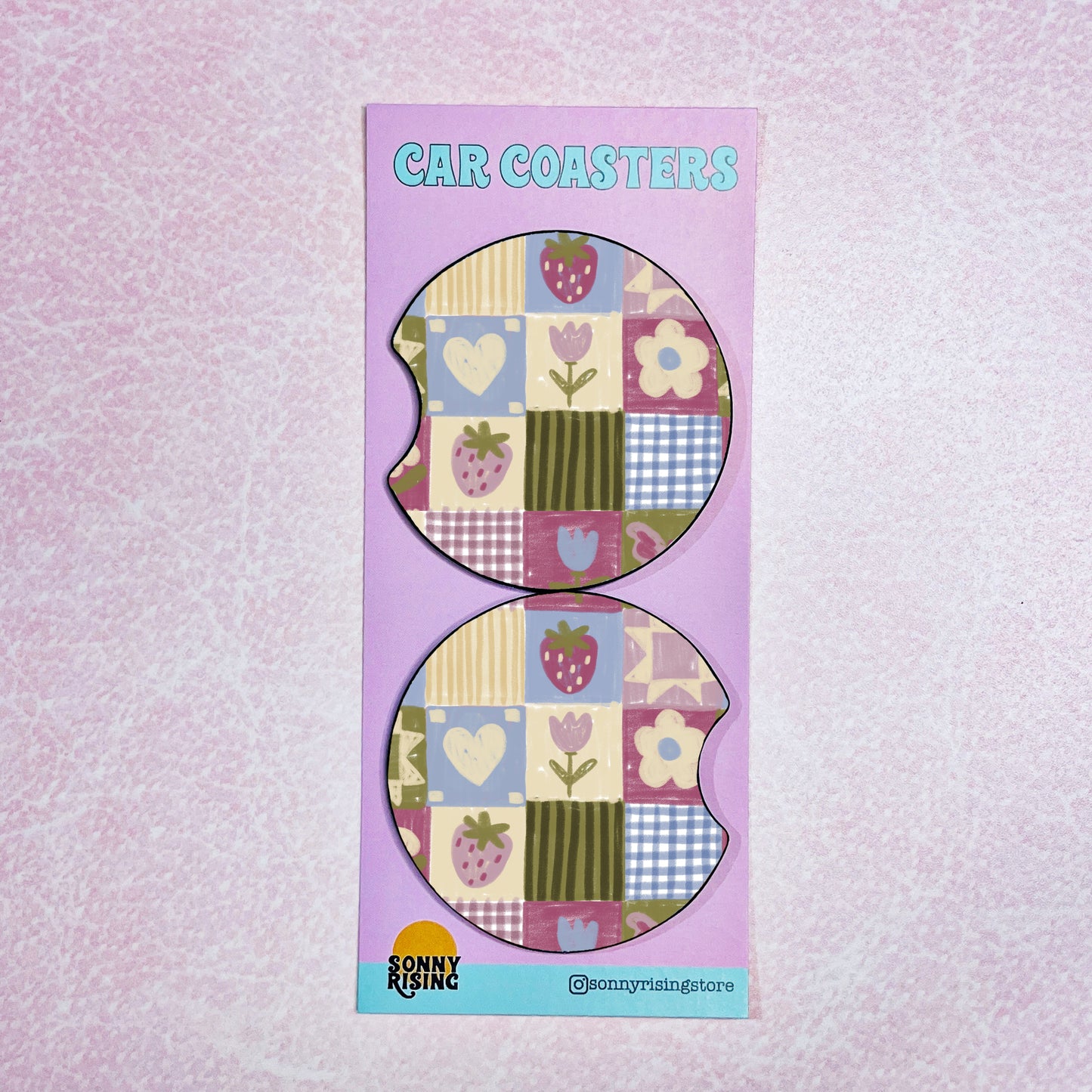 2 Car Coasters, Hand Drawn Strawberry Patch Pattern