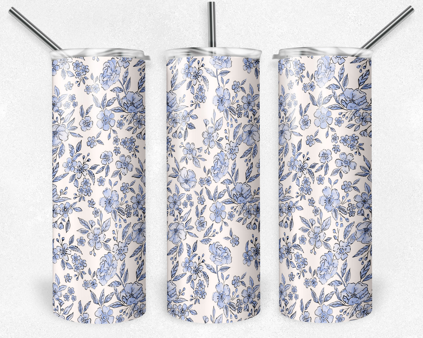20 oz Skinny Tumbler, Blue Floral Vintage Style Pattern