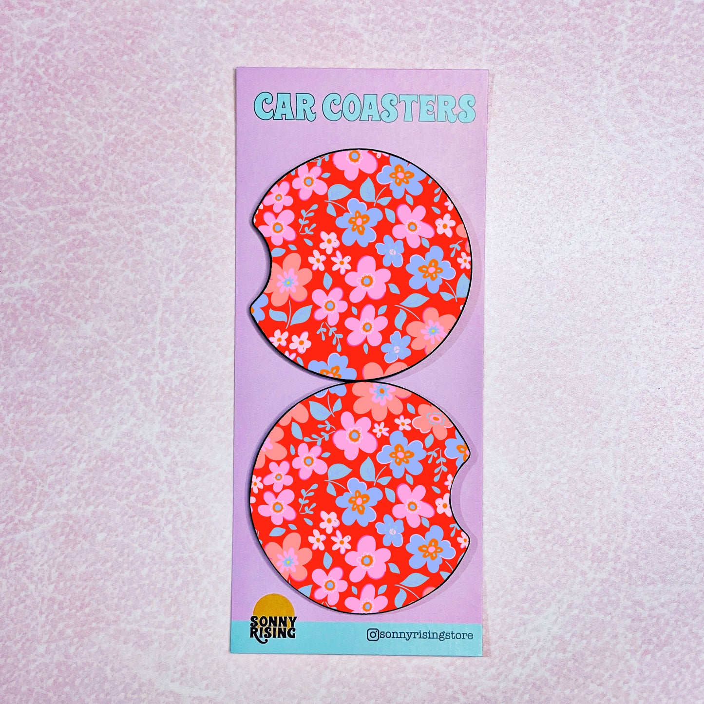 2 Car Coasters, Red Floral Pattern