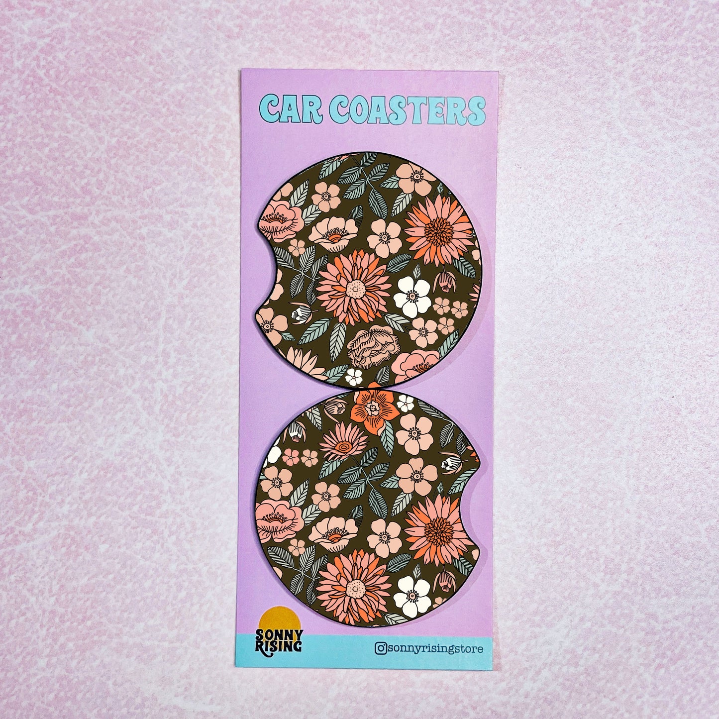 2 Car Coasters, Dark Fall Floral Pattern