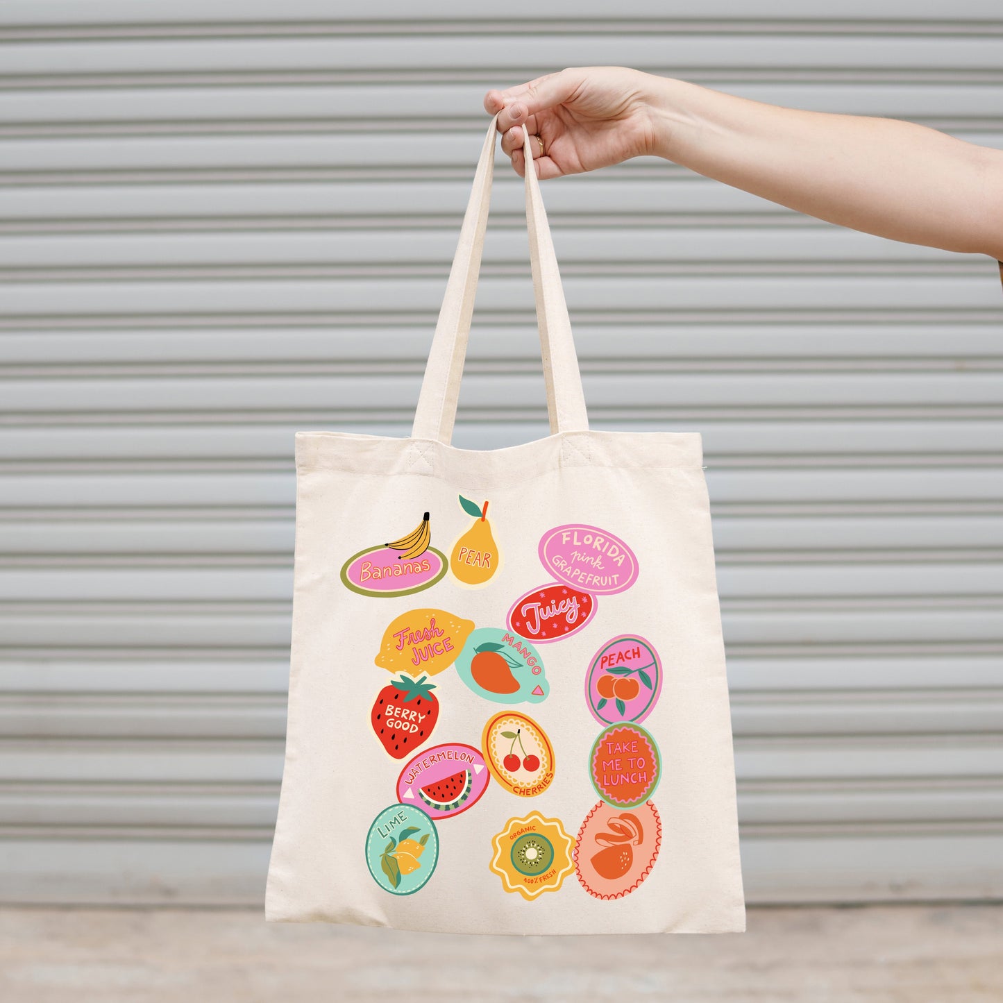Canvas Tote Bag, Colorful Fruit Stickers