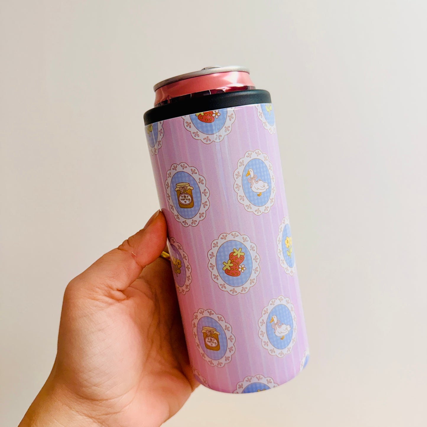 Slim Can Cooler, Spring Icons on Pink Stripes
