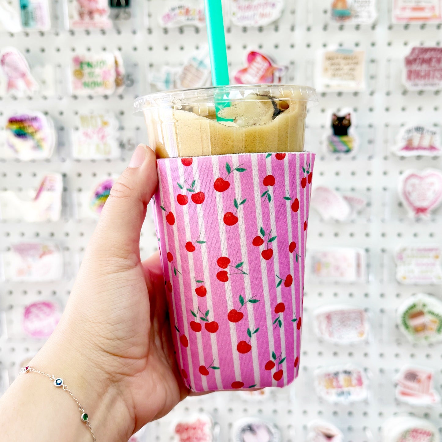 Iced Coffee Sleeve, Pink Stripe Cherries