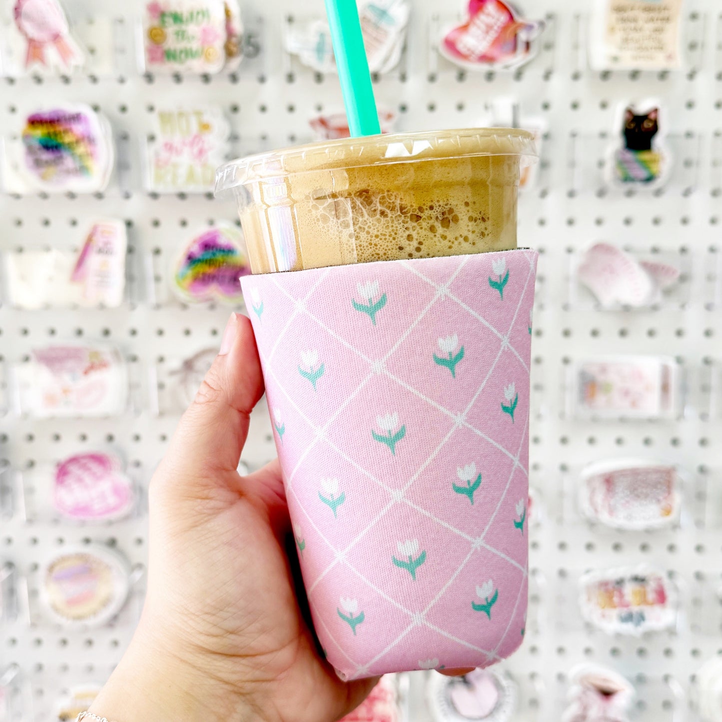 Iced Coffee Sleeve, Pink Tulip Pattern