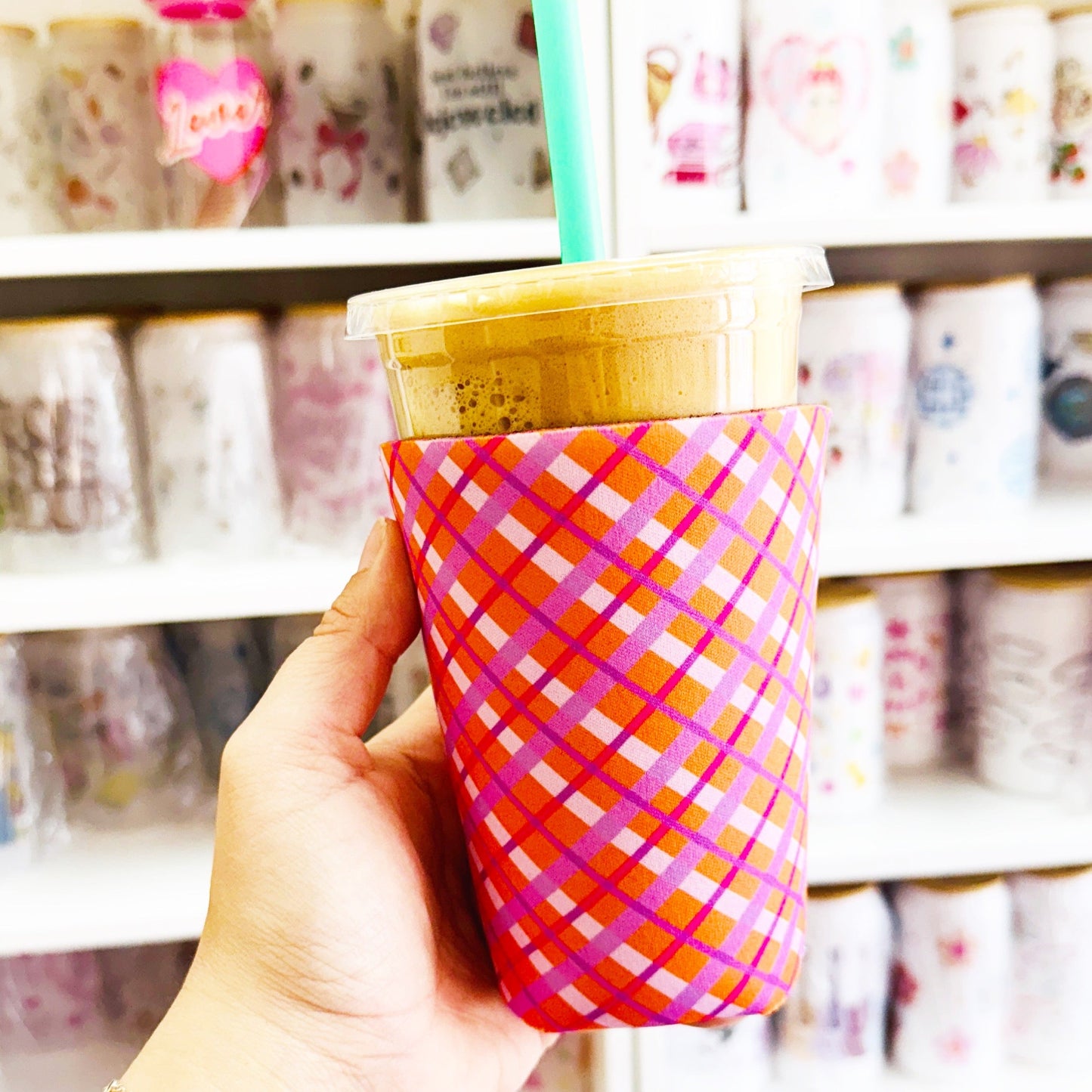 Iced Coffee Sleeve, Summer Orange & Purple Plaid Design