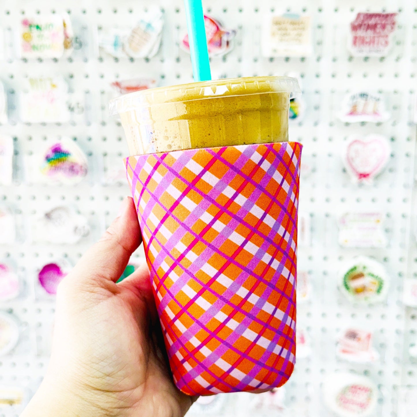 Iced Coffee Sleeve, Summer Orange & Purple Plaid Design