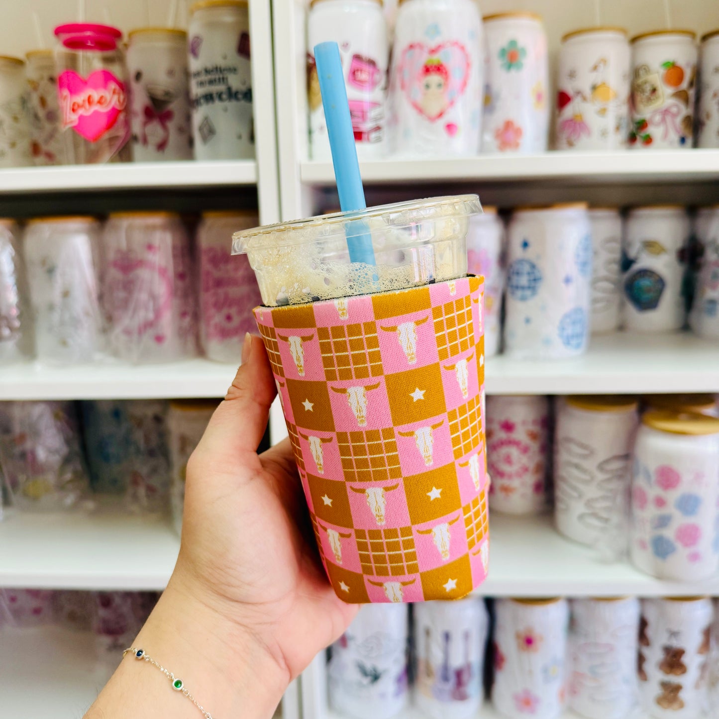 Iced Coffee Sleeve, Pink Longhorn Pattern