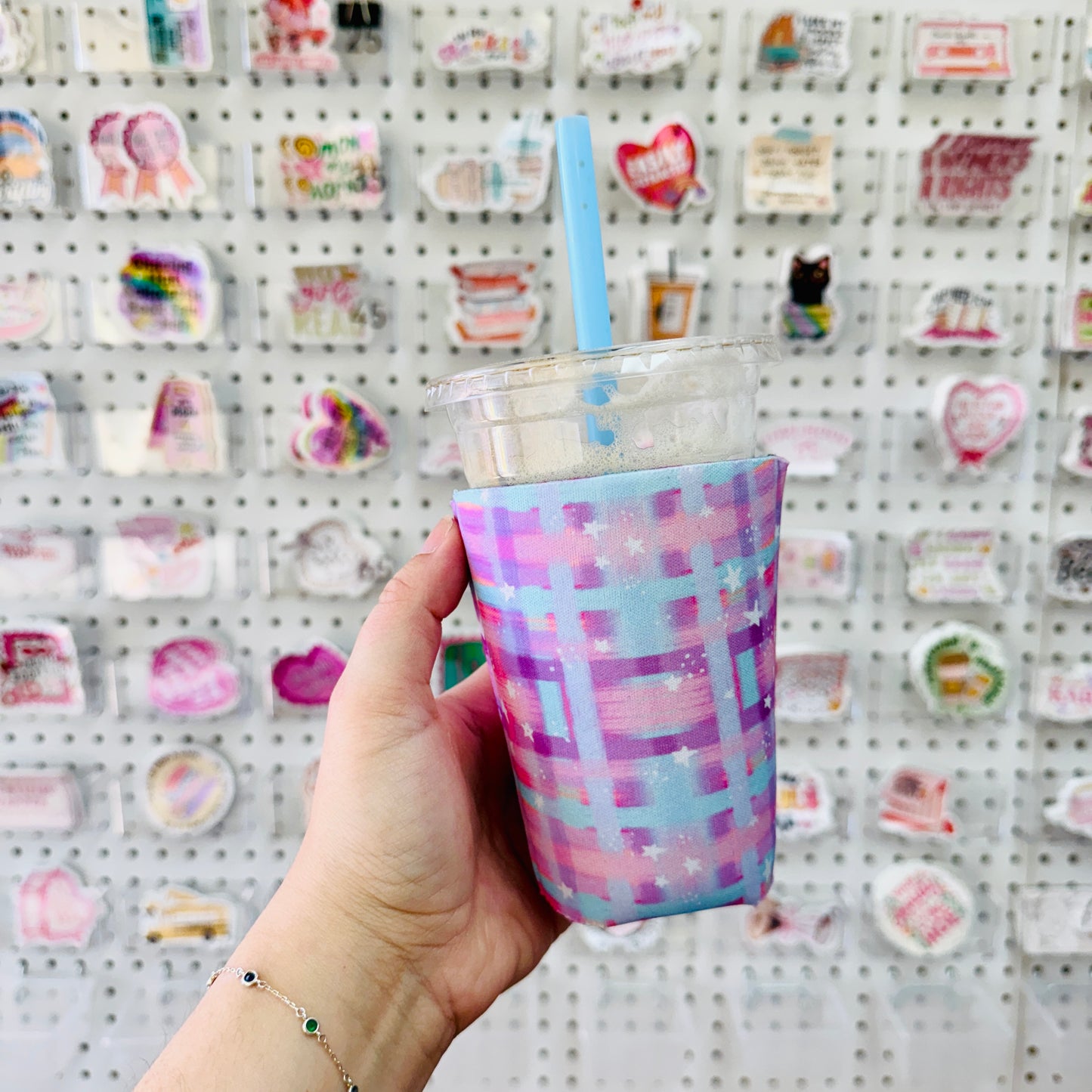 Iced Coffee Sleeve, Purple Painted Plaid with Stars Pattern