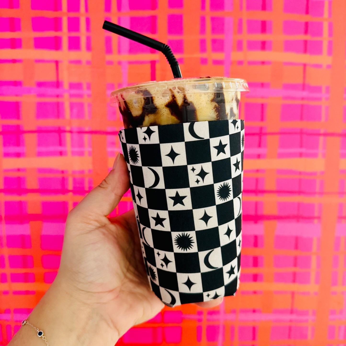 Iced Coffee Sleeve, Black Sun and Moon Check Pattern