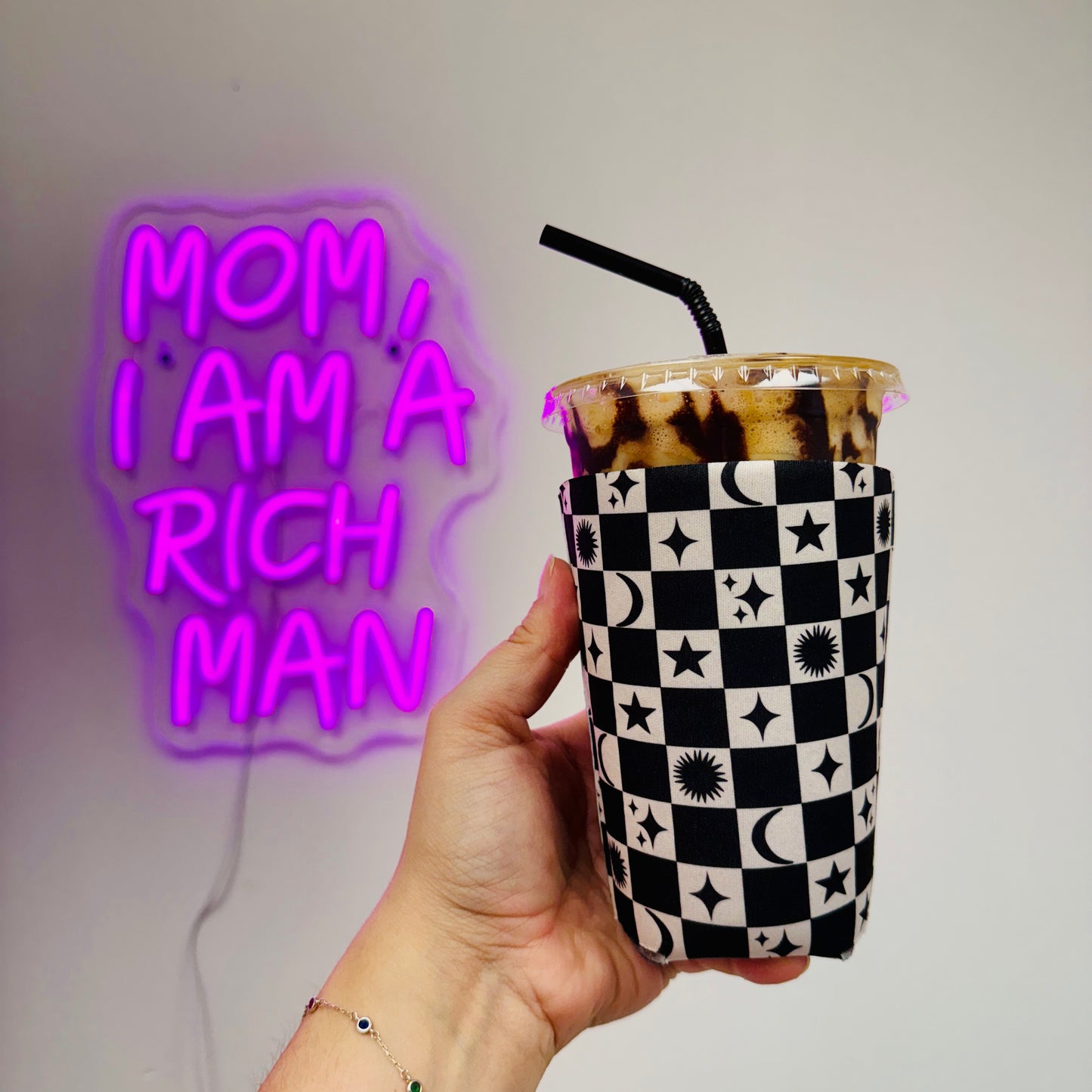Iced Coffee Sleeve, Black Sun and Moon Check Pattern
