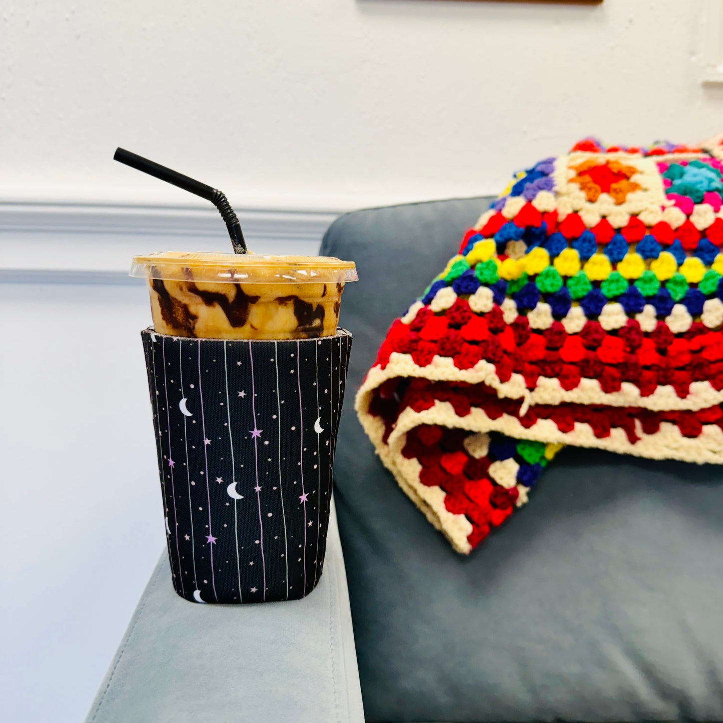 Iced Coffee Sleeve, Black Moon and Stars Pattern