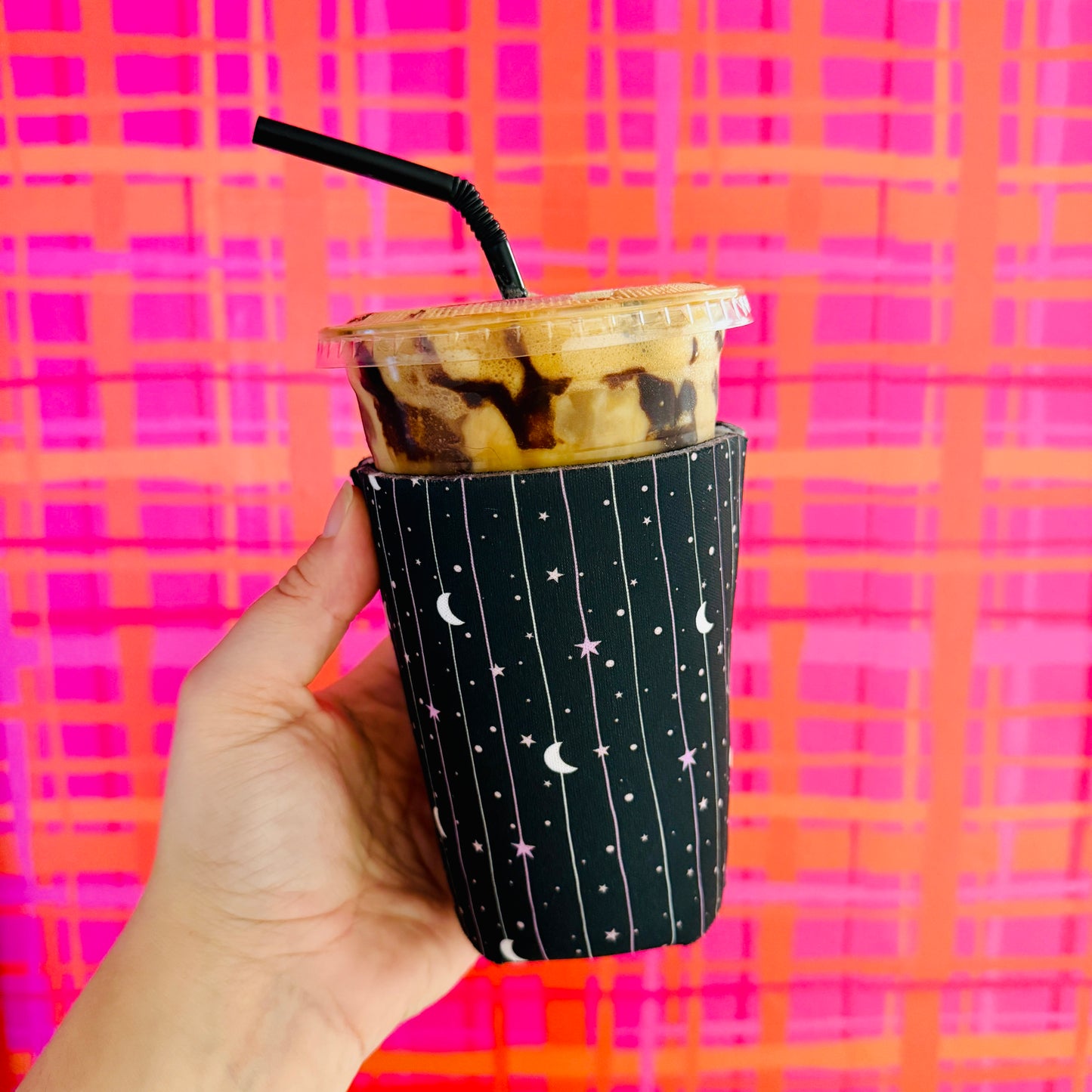 Iced Coffee Sleeve, Black Moon and Stars Pattern