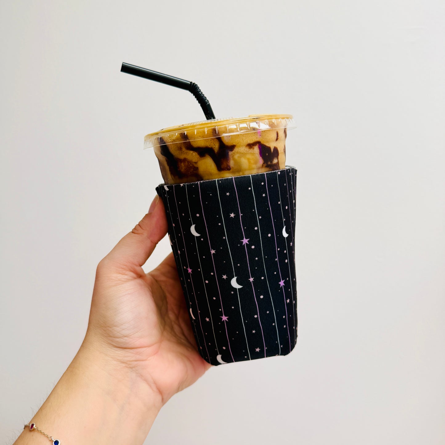 Iced Coffee Sleeve, Black Moon and Stars Pattern