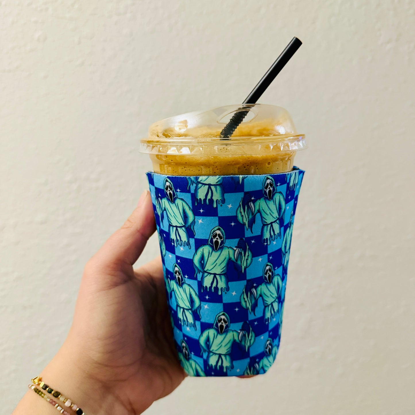 Iced Coffee Sleeve, Ghostface Blue Checker Pattern