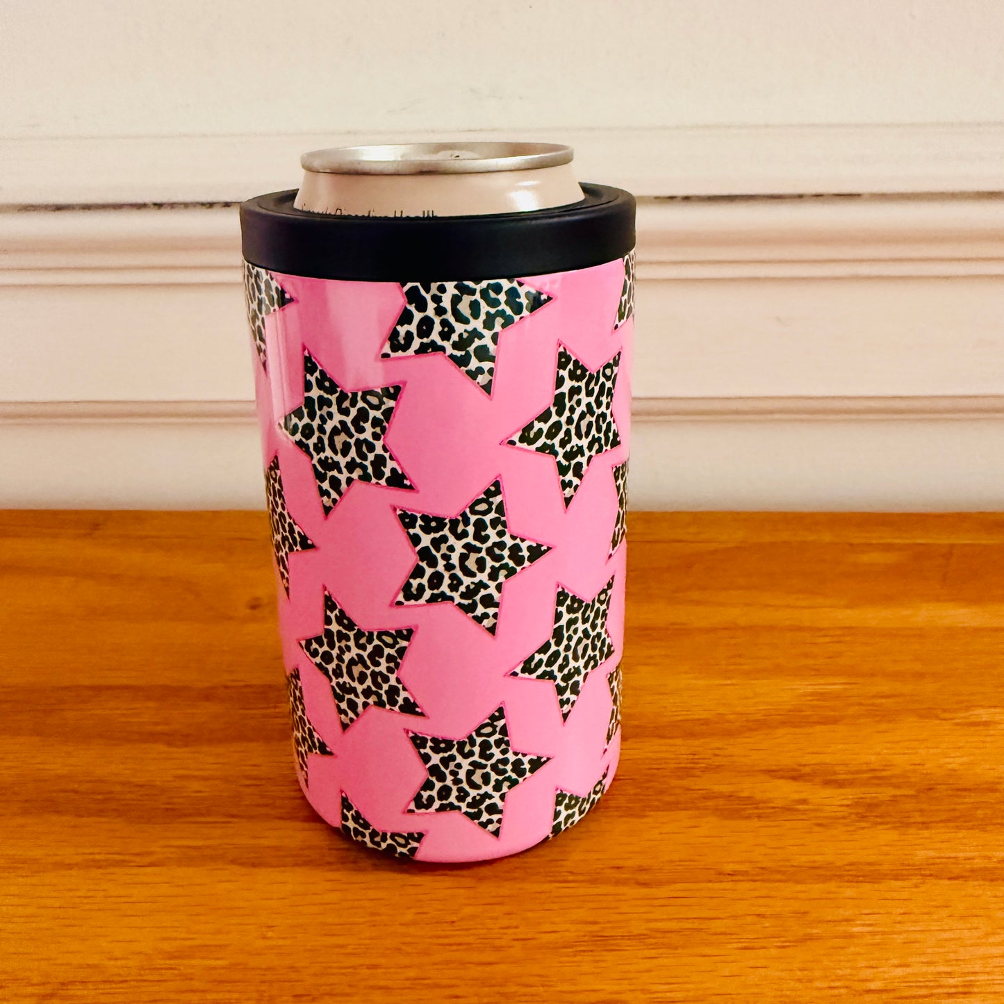 12 oz Can Cooler, Cheetah Stars on Pink