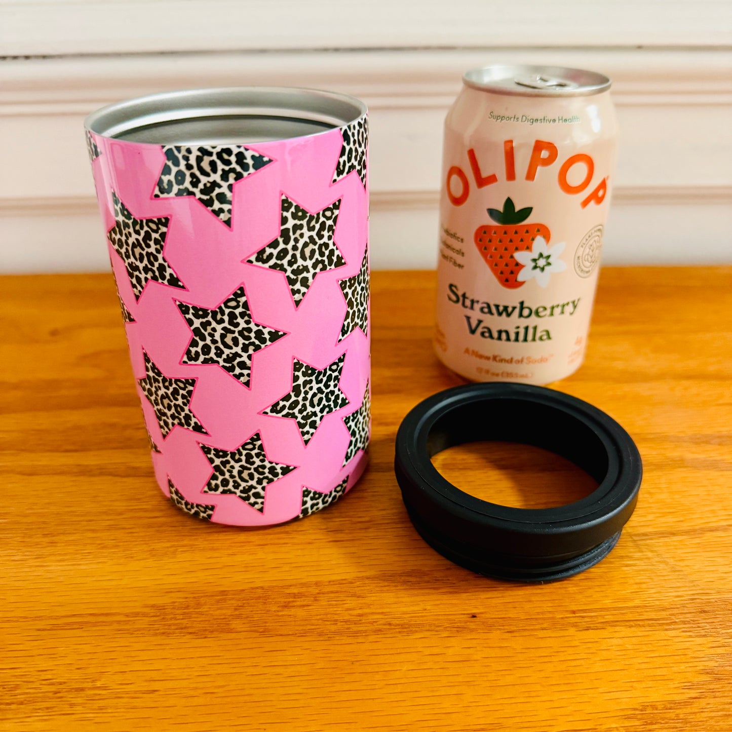 12 oz Can Cooler, Cheetah Stars on Pink