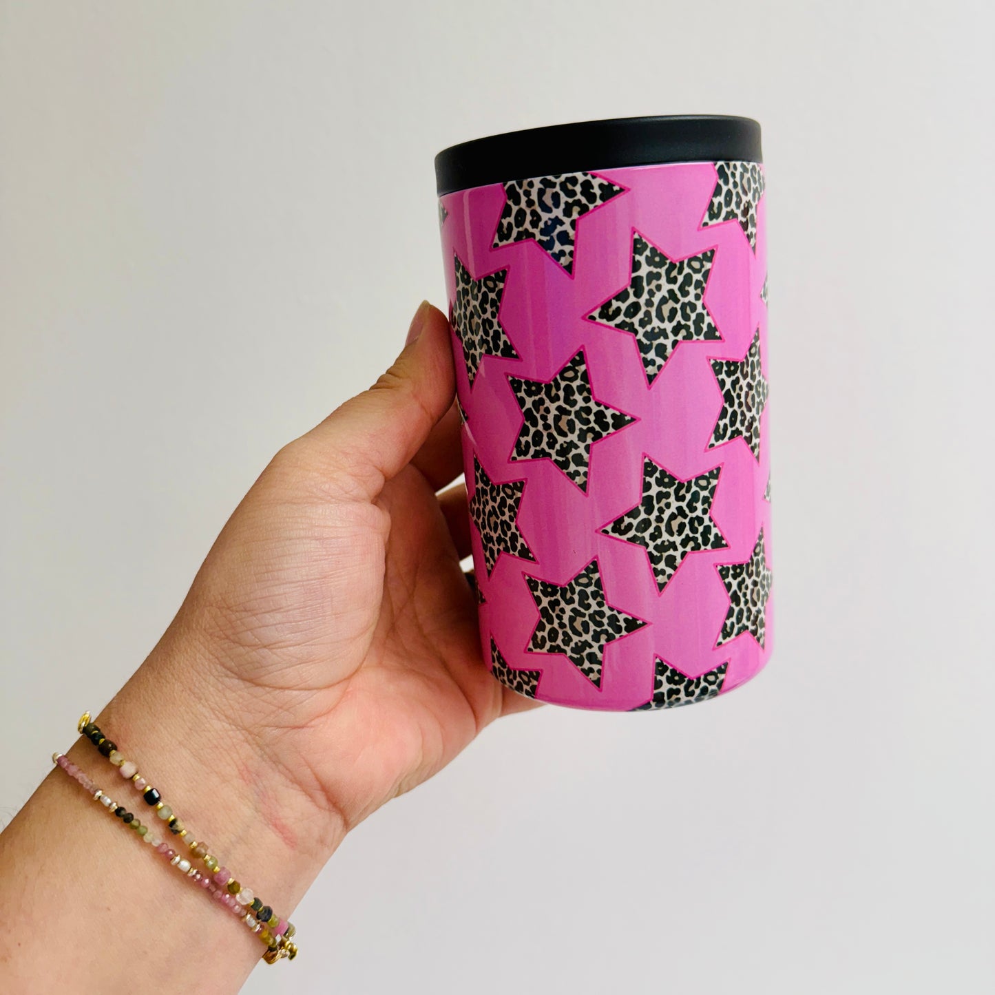12 oz Can Cooler, Cheetah Stars on Pink