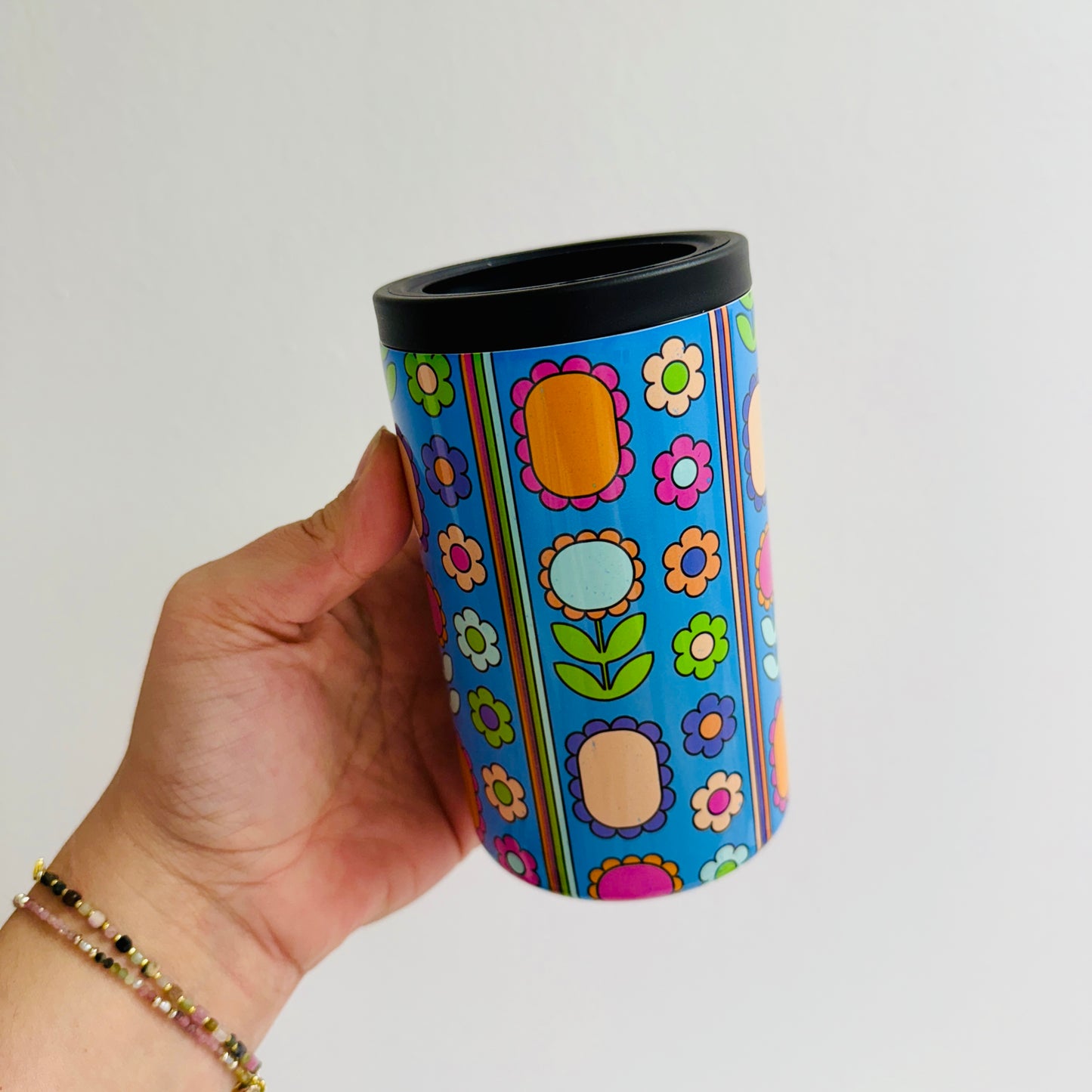 12 oz Can Cooler, Colorful Retro Floral Pattern