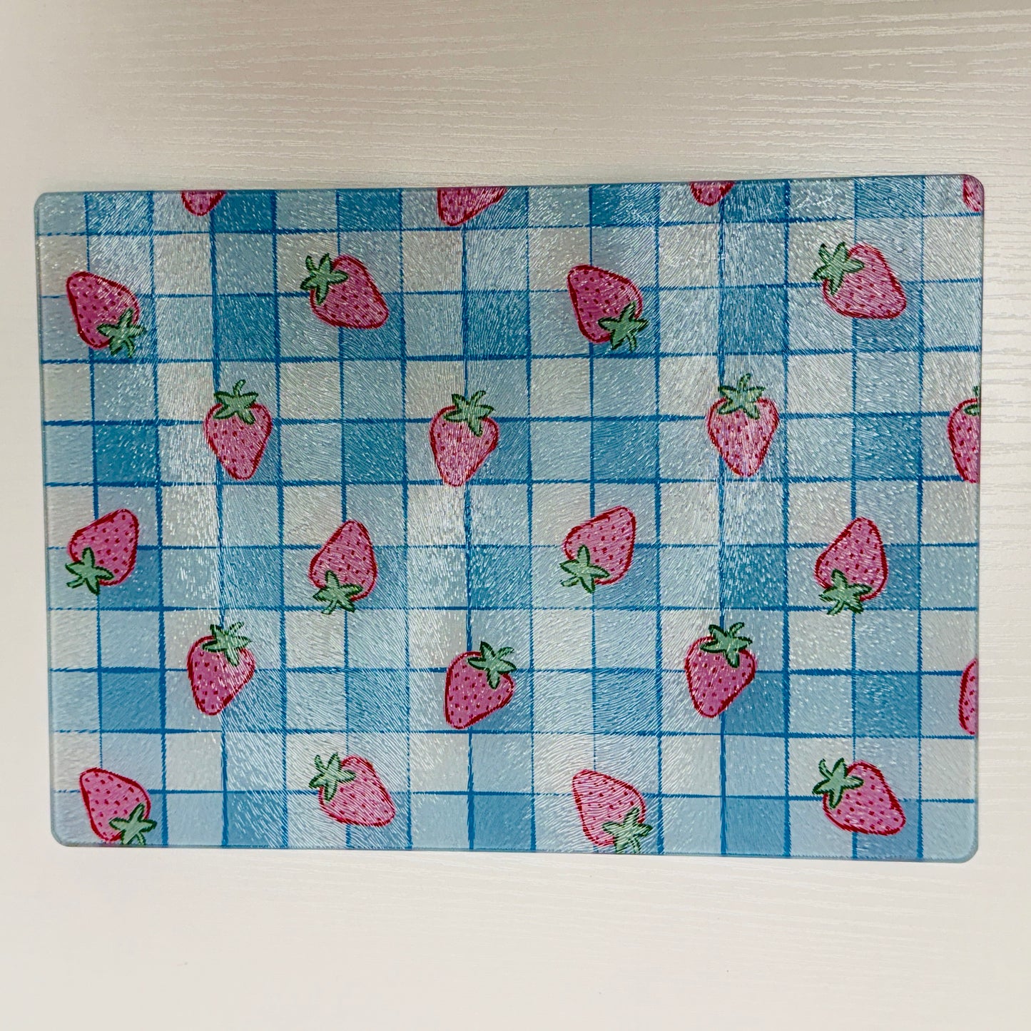 Glass Cutting Board, Strawberry Blue Gingham Pattern
