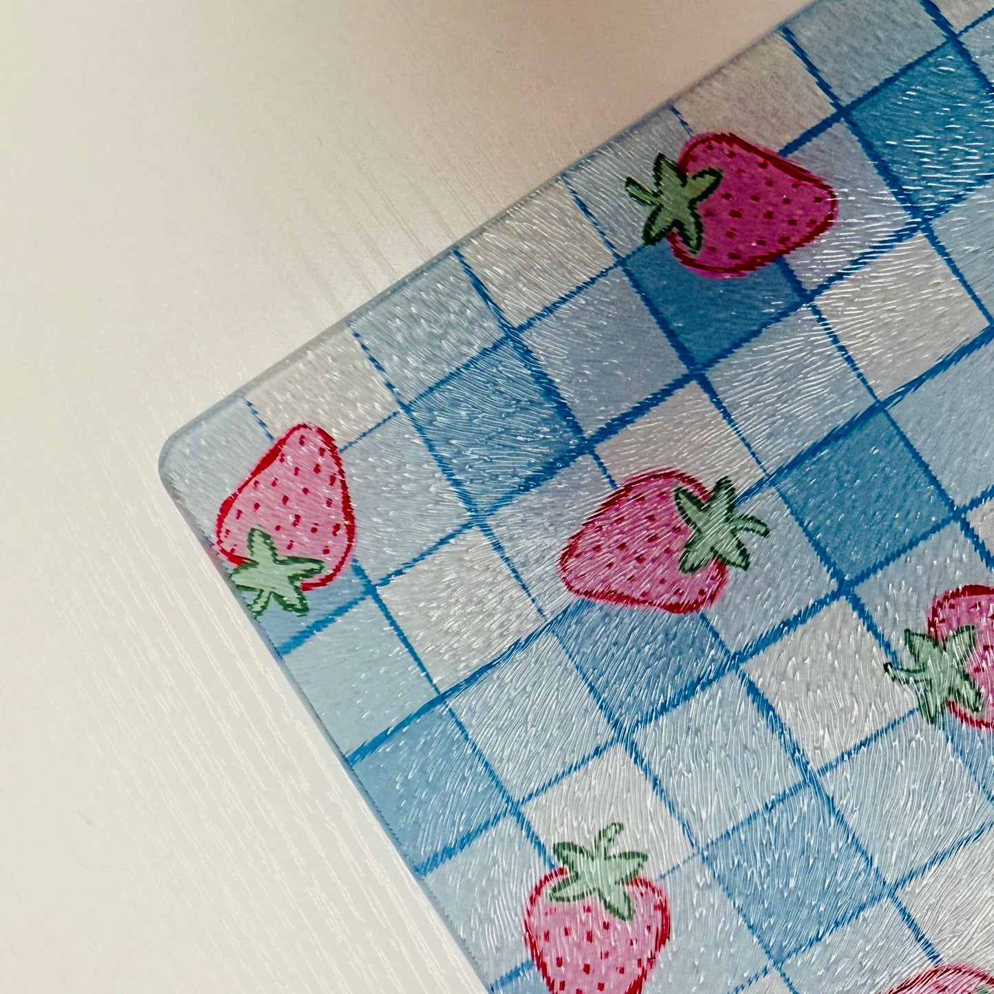 Glass Cutting Board, Strawberry Blue Gingham Pattern