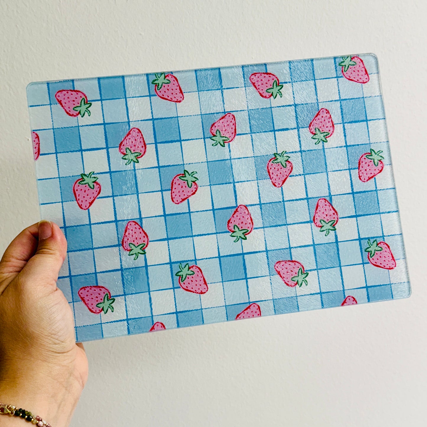 Glass Cutting Board, Strawberry Blue Gingham Pattern