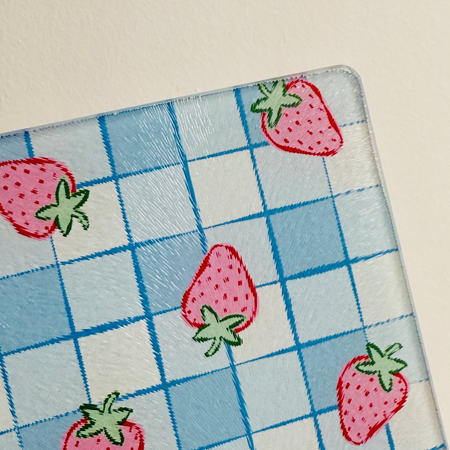 Glass Cutting Board, Strawberry Blue Gingham Pattern
