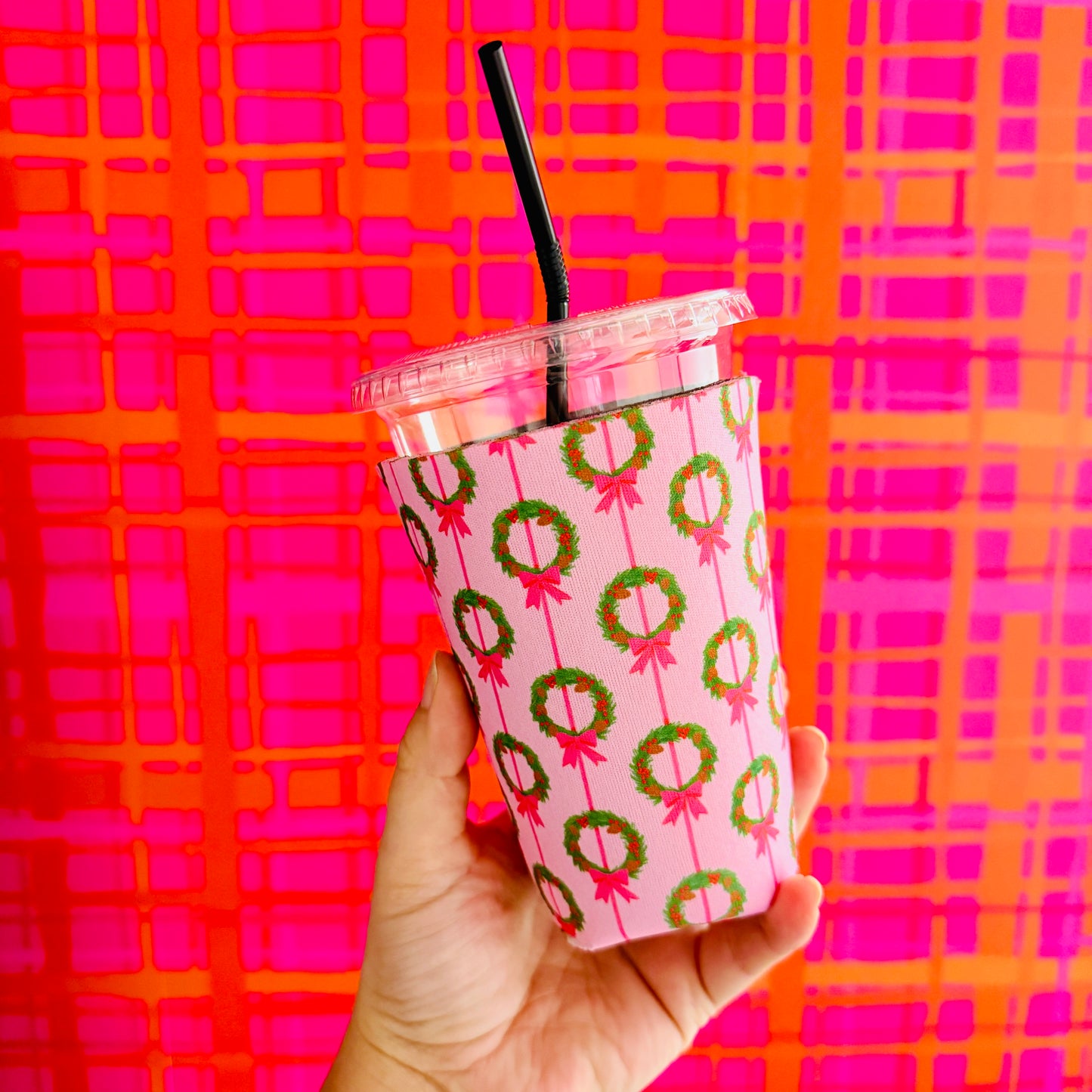Iced Coffee Sleeve, Pink Wreaths