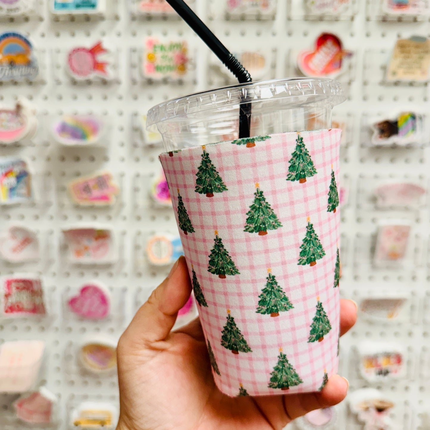 Iced Coffee Sleeve, Pink Gingham Trees