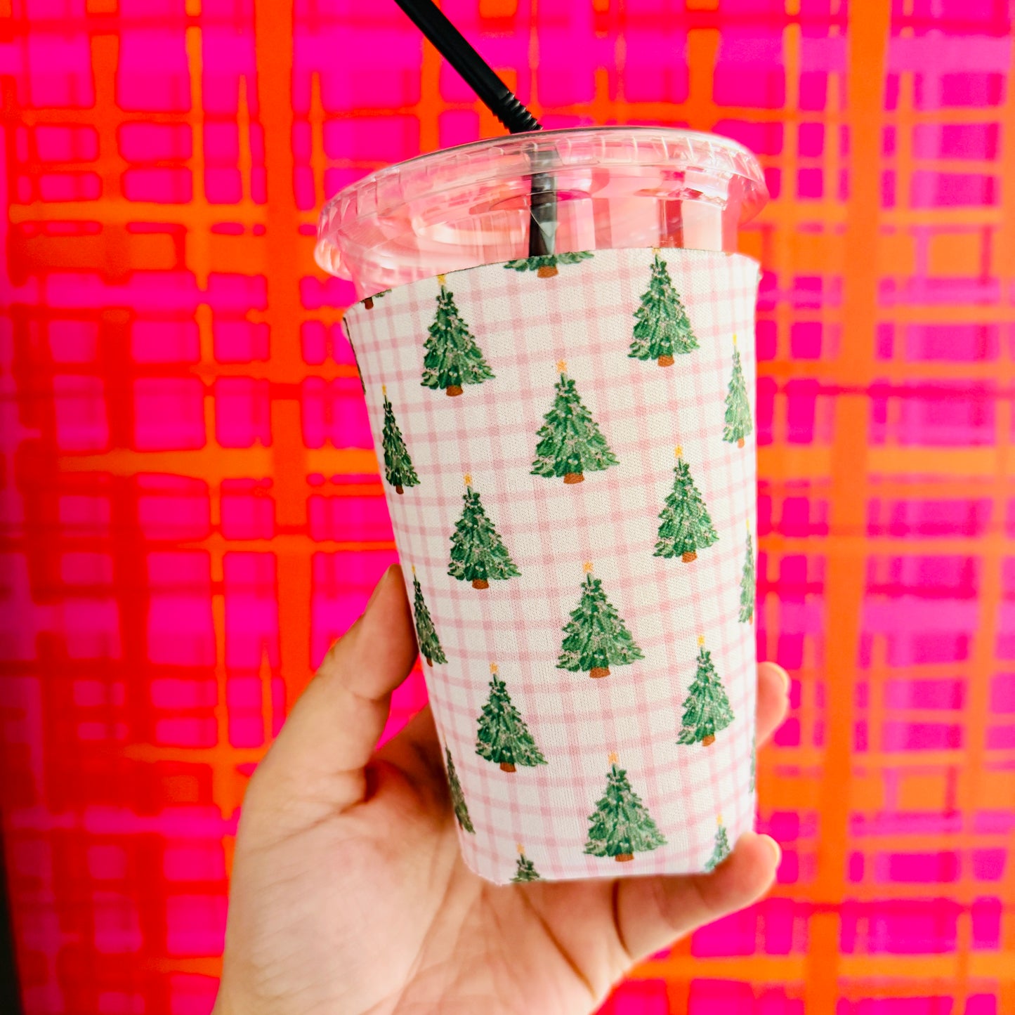 Iced Coffee Sleeve, Pink Gingham Trees
