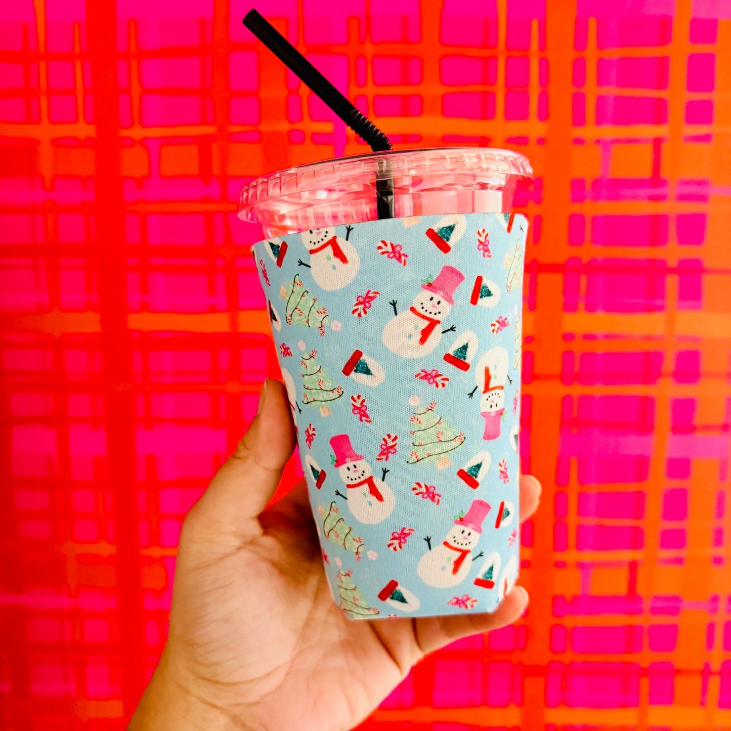 Iced Coffee Sleeve, Blue Snowman Pattern