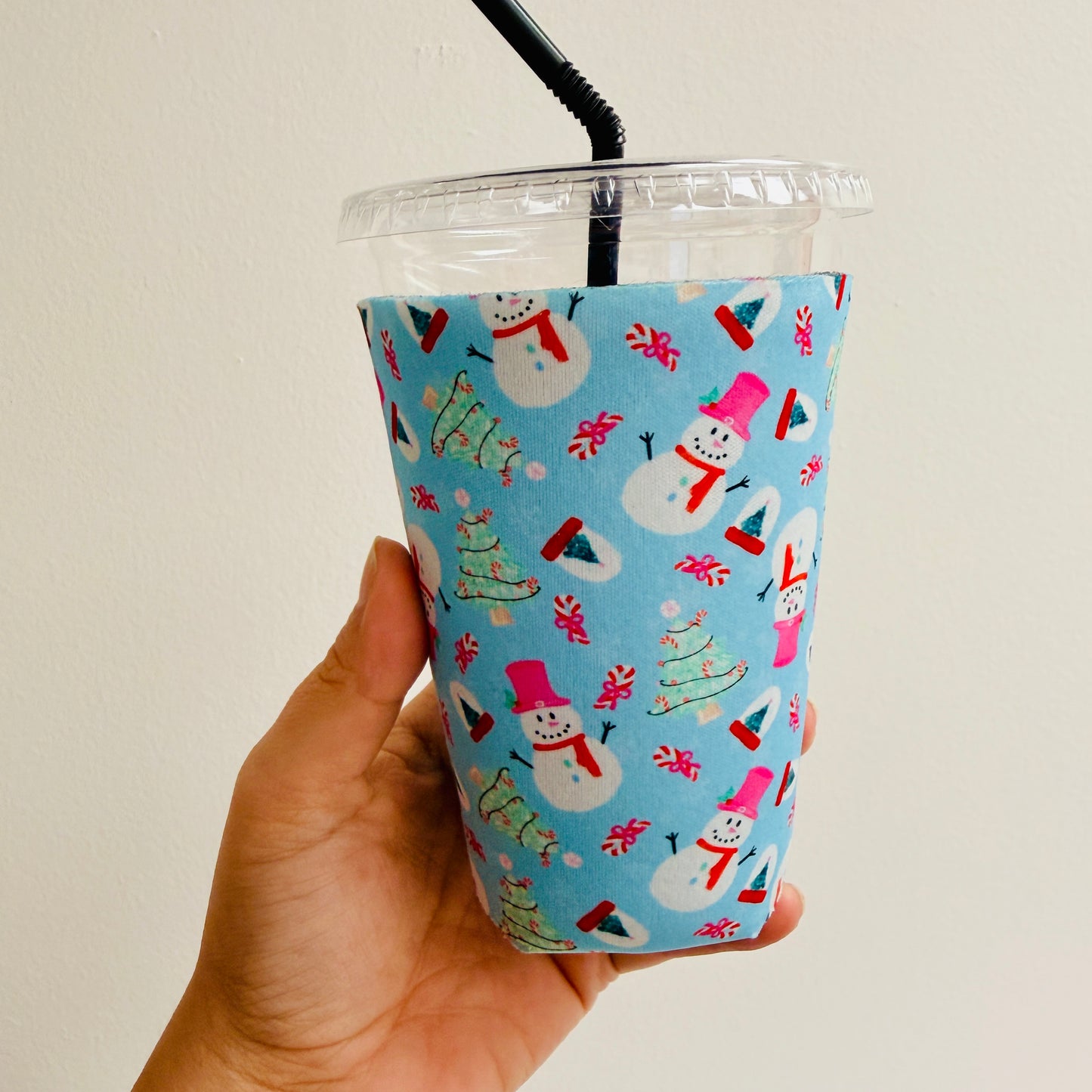 Iced Coffee Sleeve, Blue Snowman Pattern