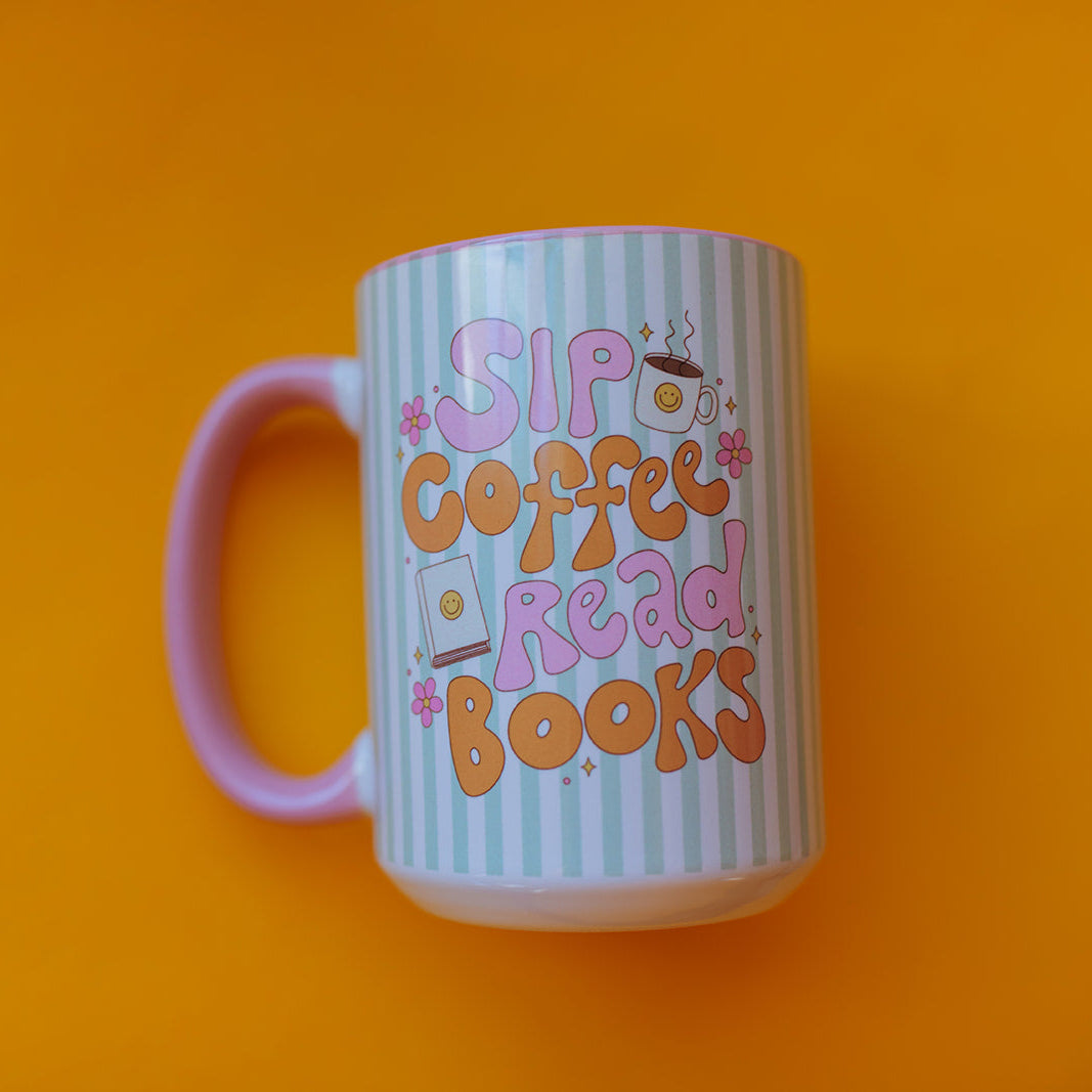 15 oz Mug, Sip Coffee Read Books with Pink Handle