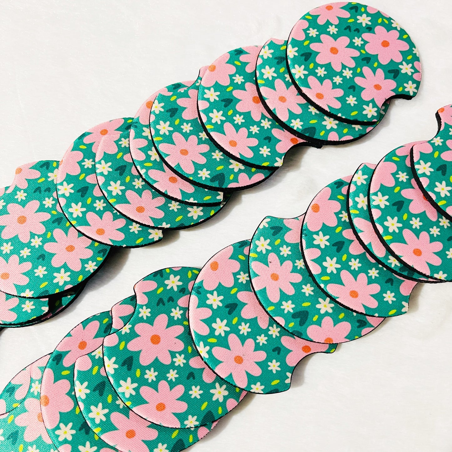 2 Car Coasters, Green Floral Pattern