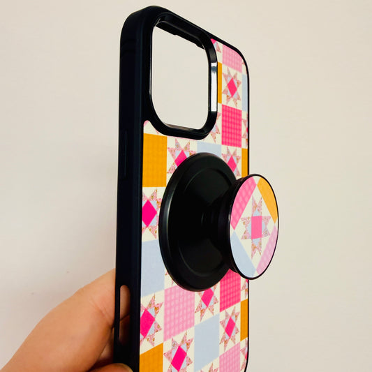 Magsafe Phone Grip, Bright Pink Quilt Pattern