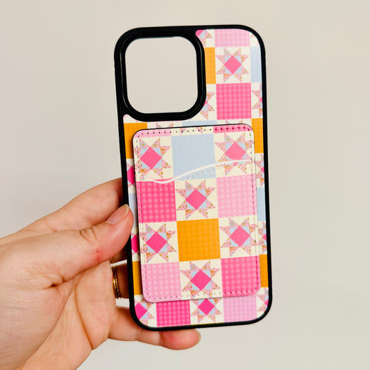 Magnetic Phone Wallet, Bright Pink Quilt Pattern
