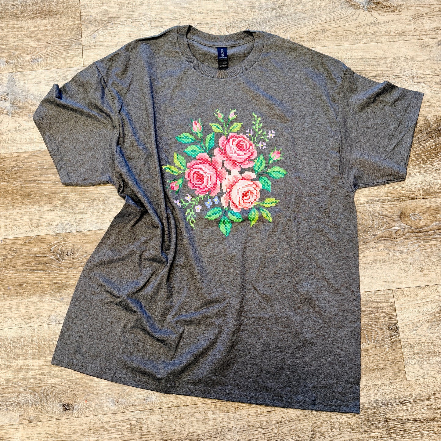 Graphic Tee, Floral Faux Cross Stitch