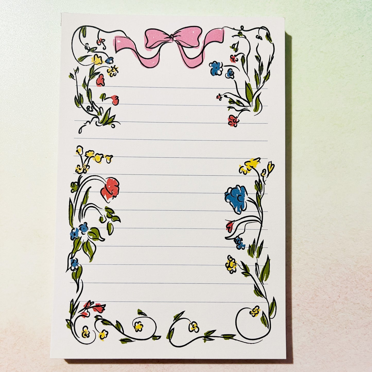 4x6 Notepad, Hand Drawn Floral Bow Border