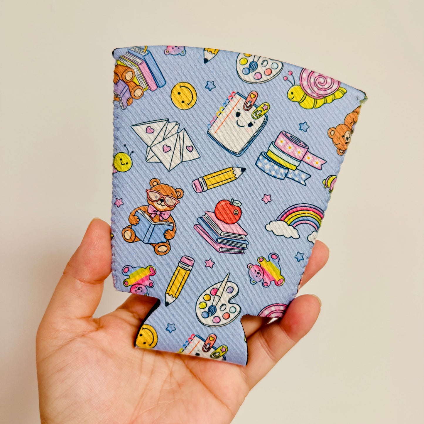 Iced Coffee Sleeve, Teacher Icons on Blue Pattern