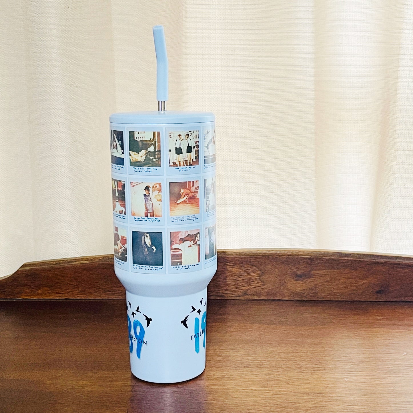 40oz Tumbler with Lid and Straw, 1989 Polaroids on Blue