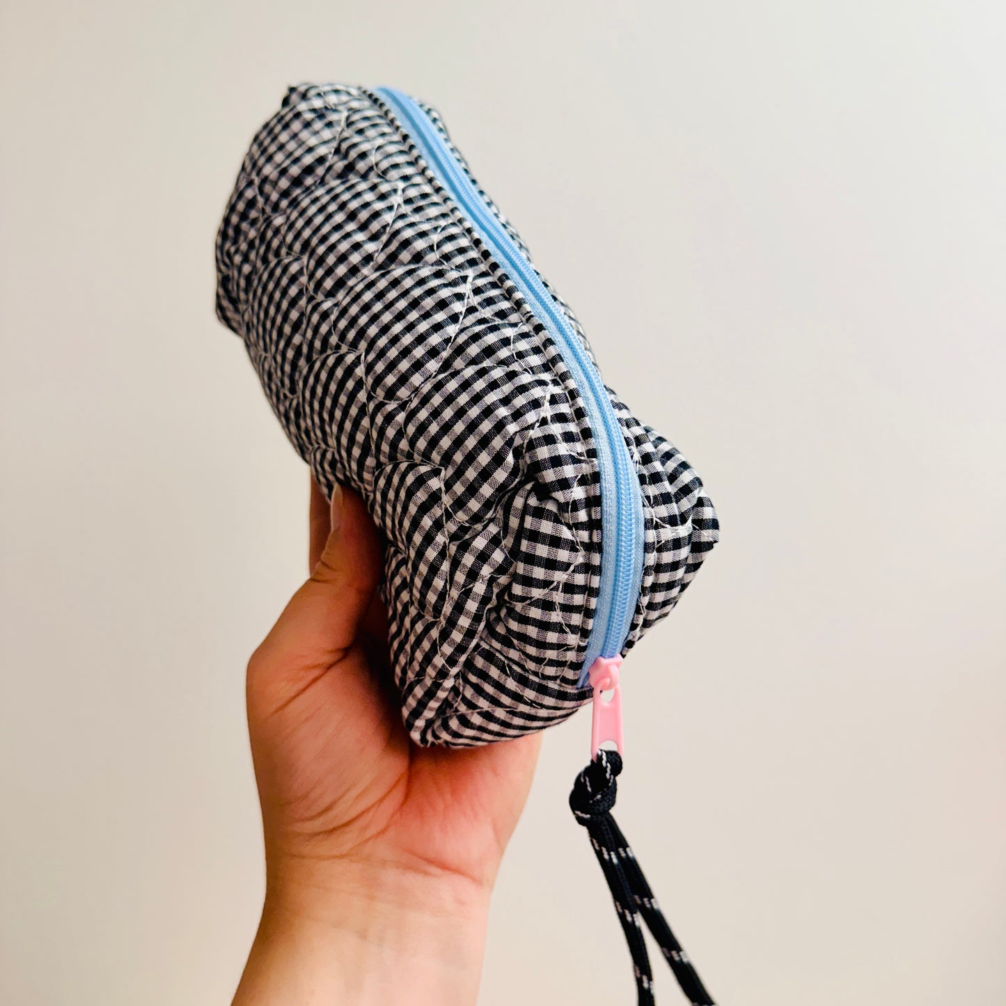 Makeup Bag, Quilted Black Gingham