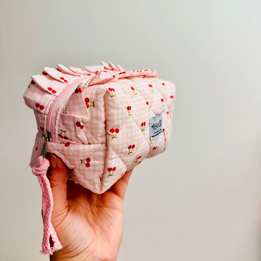 Makeup Bag, Pink Gingham Cherry