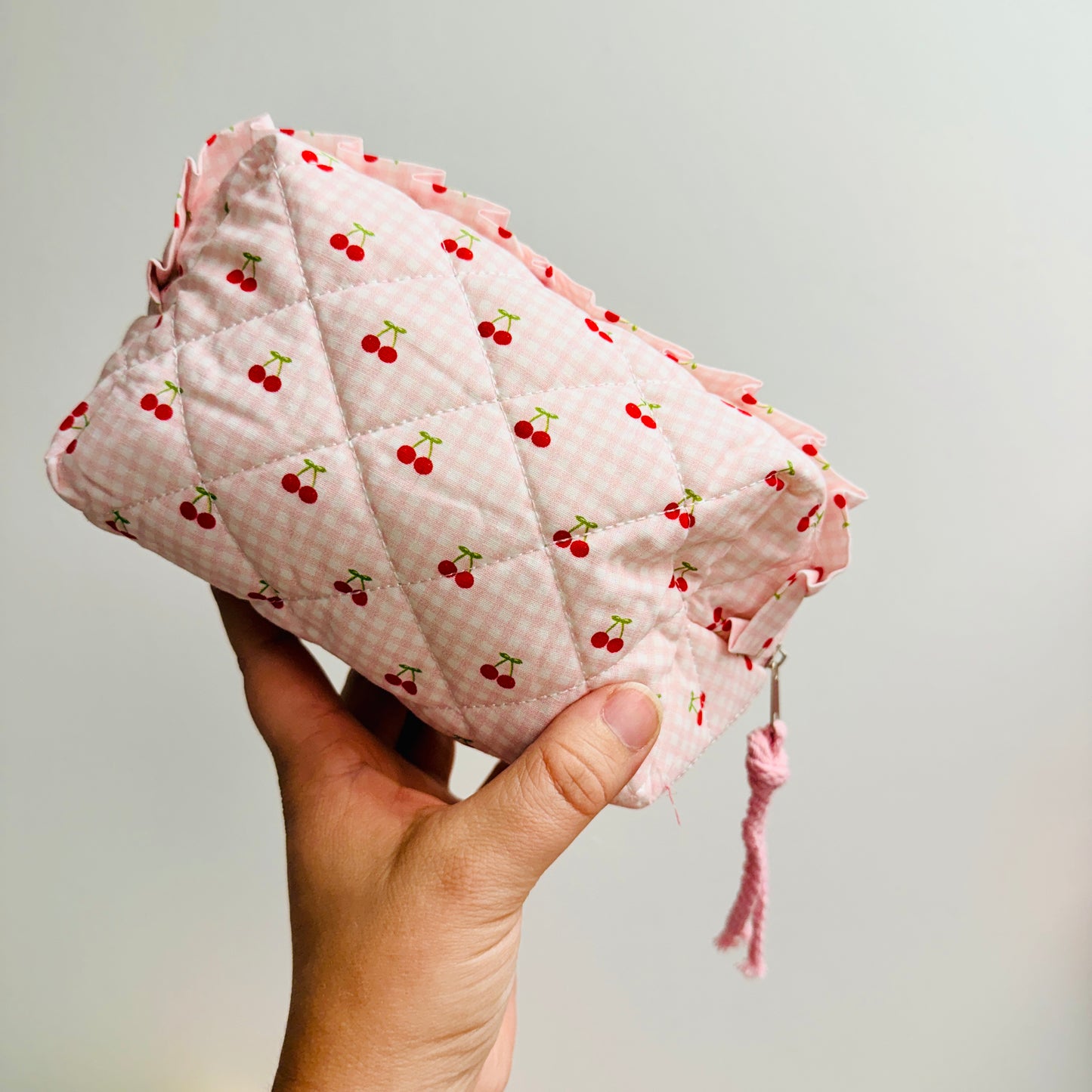 Makeup Bag, Pink Gingham Cherry
