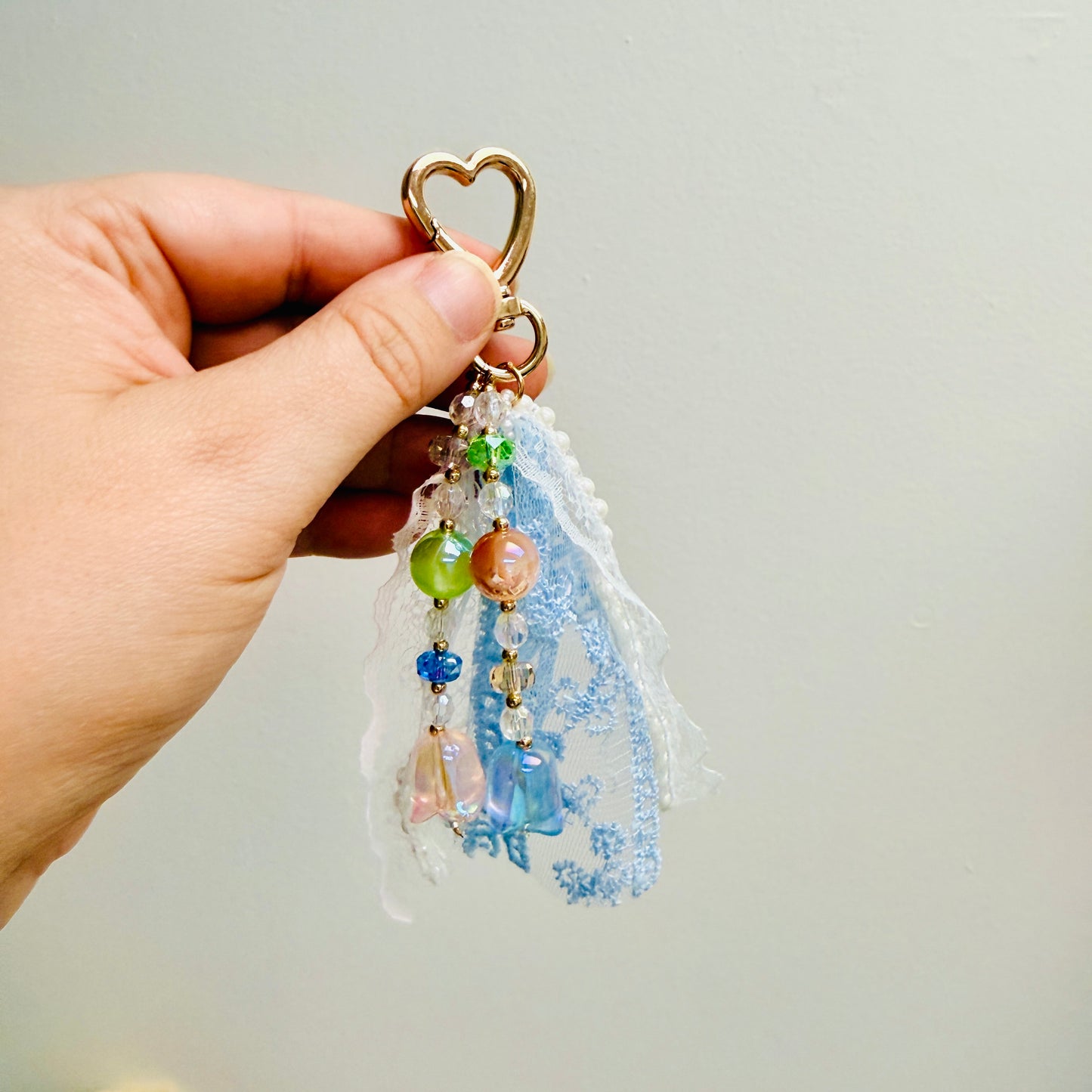 Bag Charm, Blue Ribbon With Floral Beads