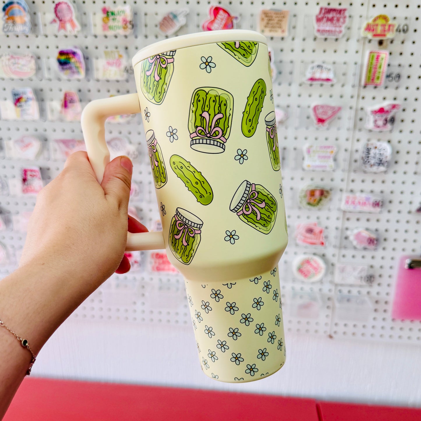 40oz Tumbler with Lid and Straw, Pickle Girly on Cream