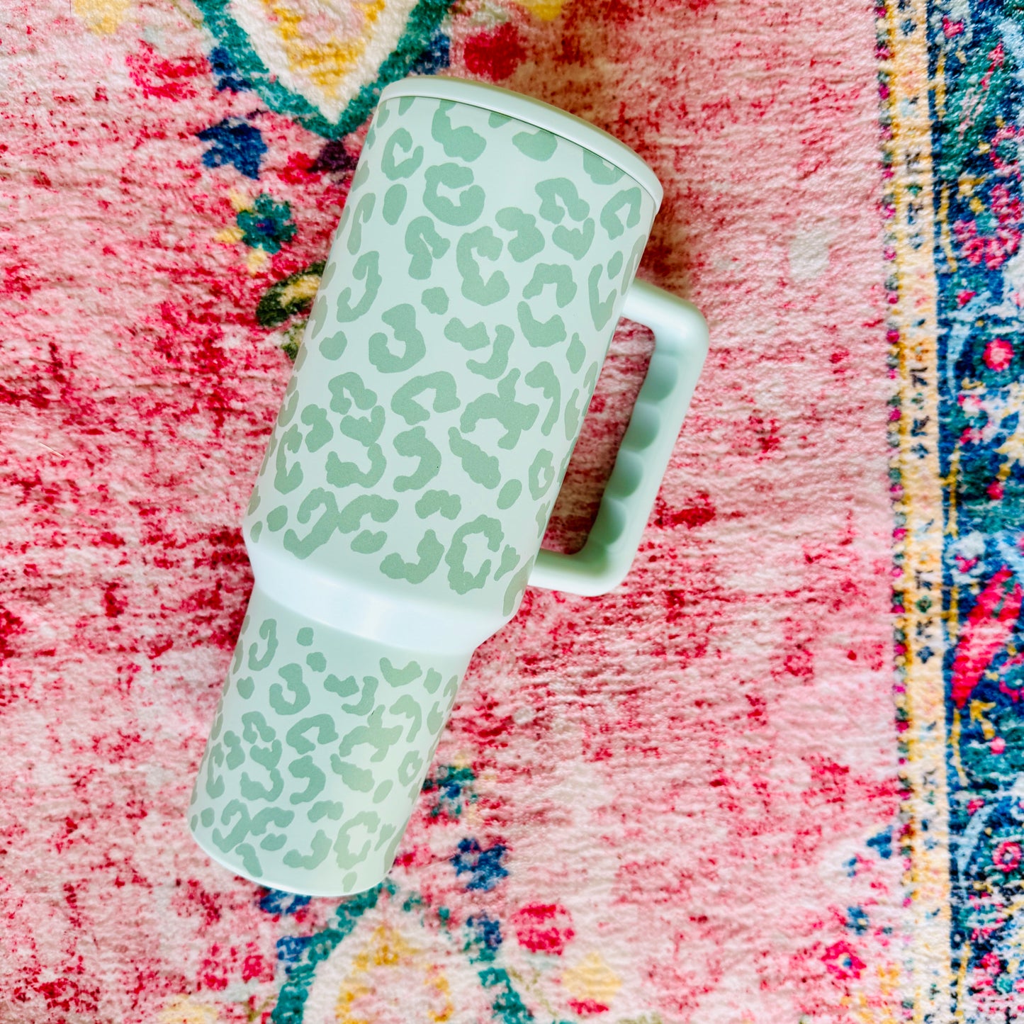 40oz Tumbler with Lid and Straw, Leopard Print on Mint
