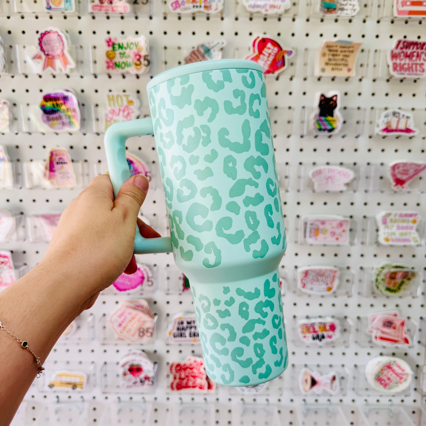 40oz Tumbler with Lid and Straw, Leopard Print on Mint