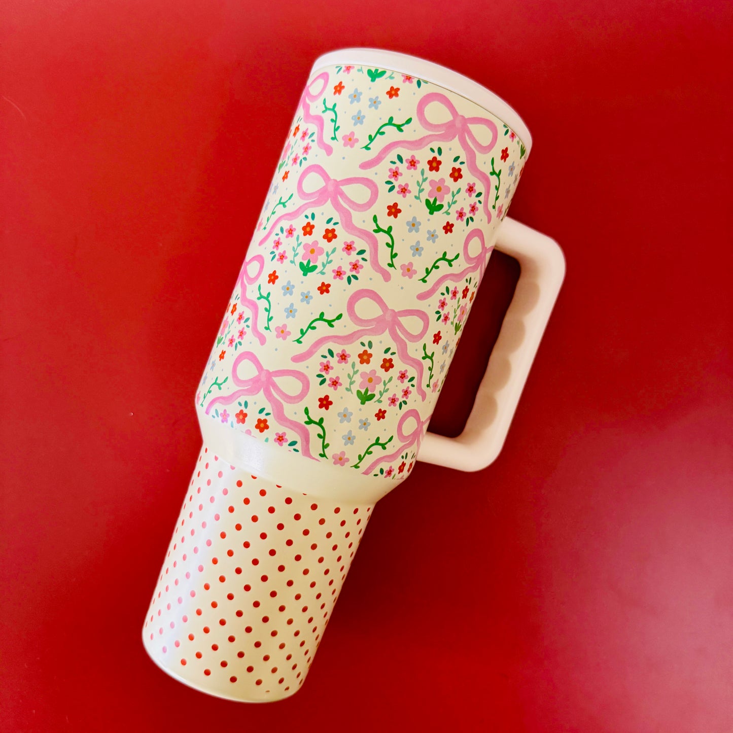 40oz Tumbler with Lid and Straw, Summer Floral Bows and Polka Dots on Cream