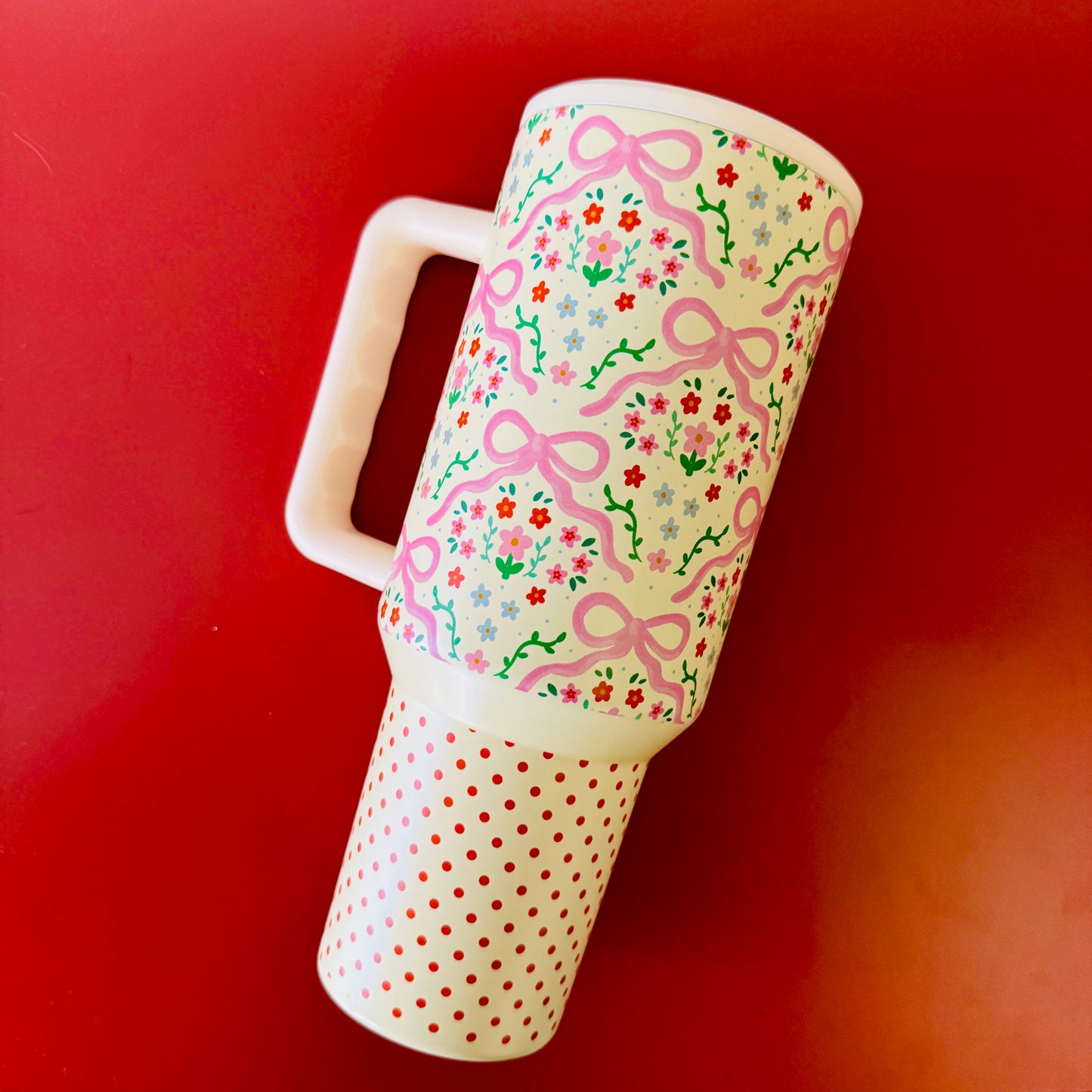 40oz Tumbler with Lid and Straw, Summer Floral Bows and Polka Dots on Cream